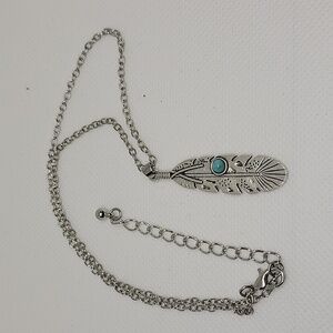 Feather 1.5" Silver Tone Turquoise Stone 15" + 2.5" Extension Necklace